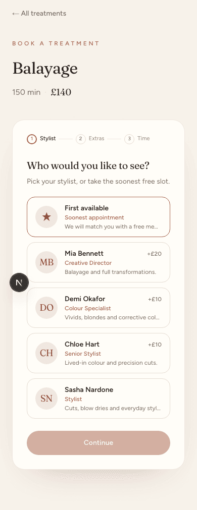 A Mintbook booking page on a phone