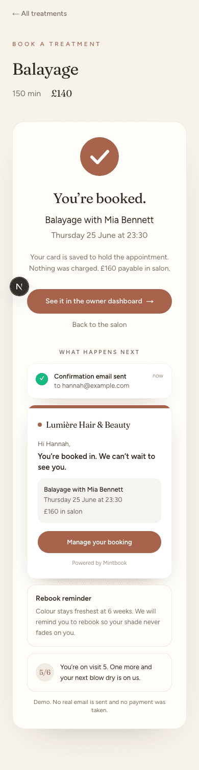 The Mintbook booking confirmation