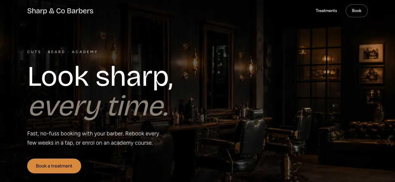The Sharp & Co Barbers demo booking site built on Mintbook