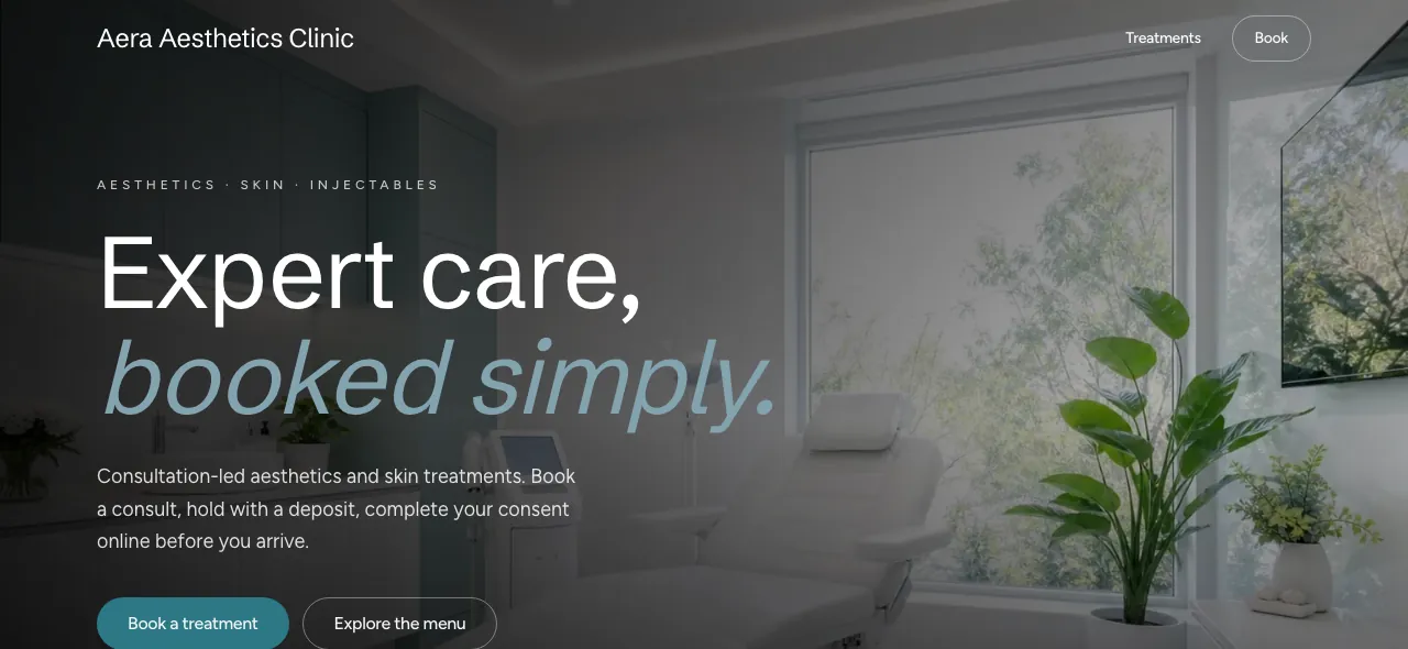 The Aera Aesthetics Clinic demo booking site built on Mintbook