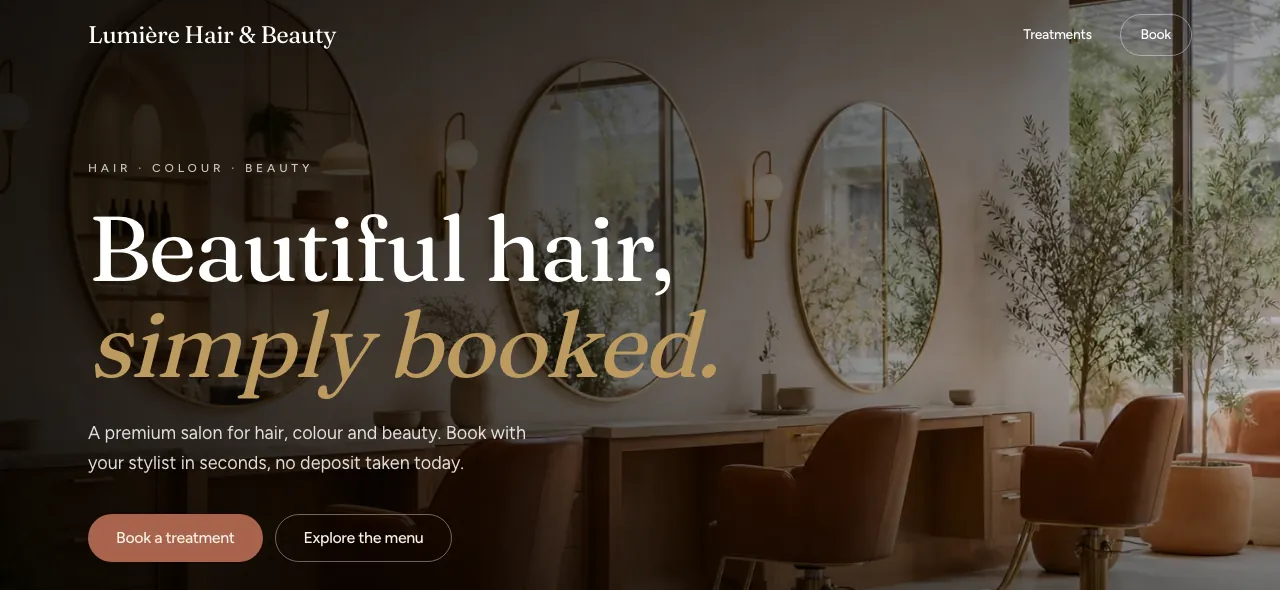 The Lumière Hair & Beauty demo salon booking site built on Mintbook