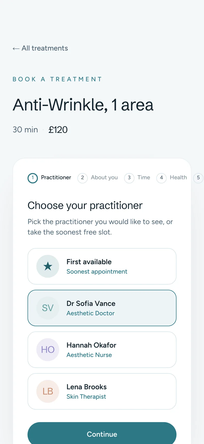A client choosing Dr Sofia Vance for an anti-wrinkle treatment on the Aera Aesthetics Clinic booking site