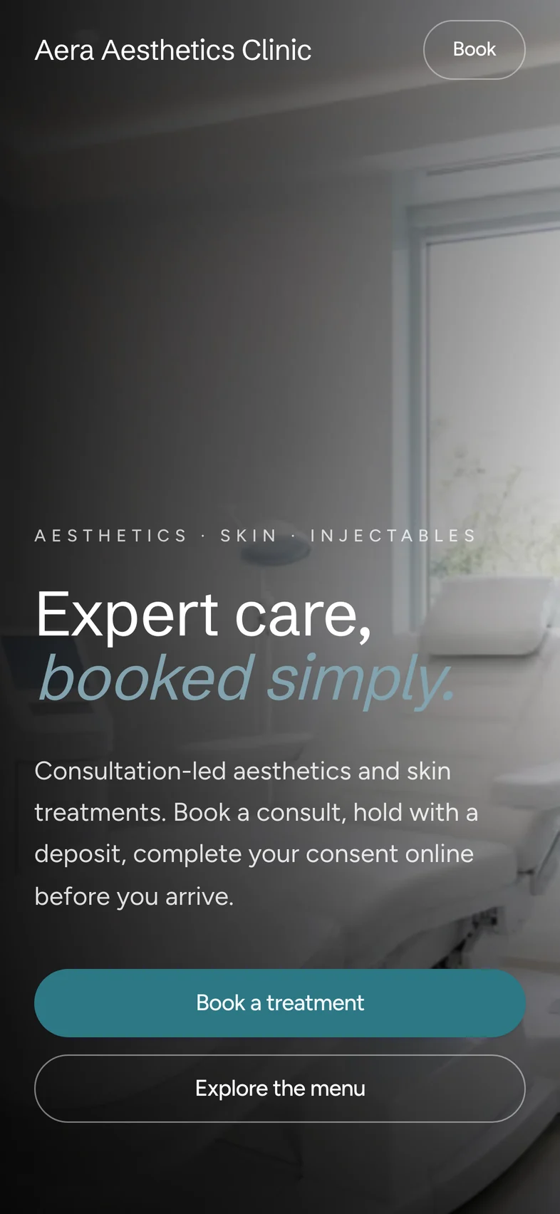 The Aera Aesthetics Clinic sample booking site on a phone