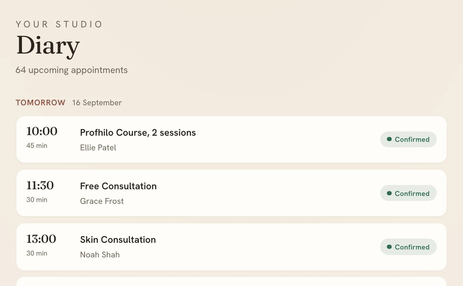 The Mintbook diary listing tomorrow’s confirmed appointments