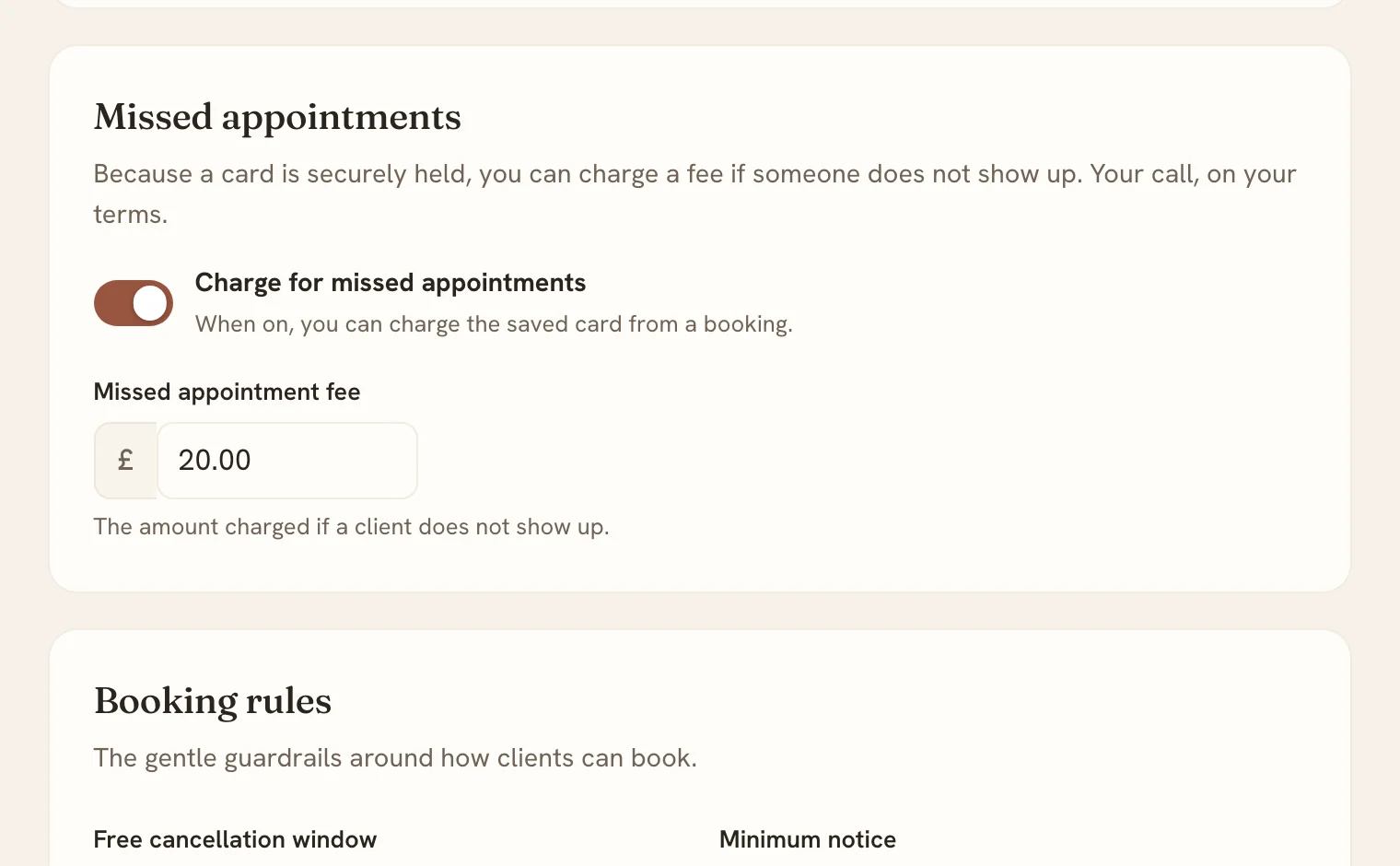 The Mintbook settings for charging a missed appointment fee to the saved card